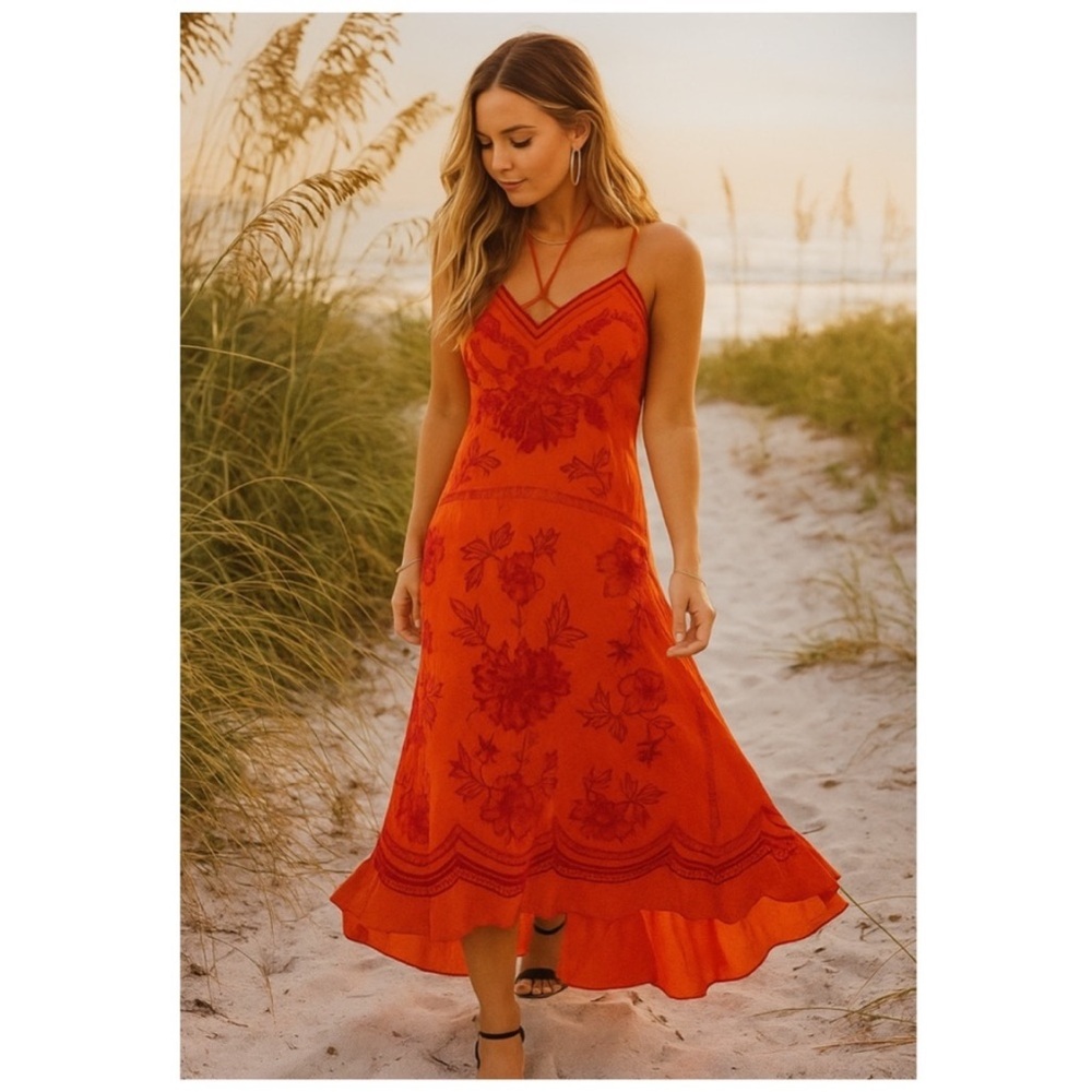 Karen Millen Embroidered Strappy Modi Dress in Orange and Pink Sz 8 - Picture 4 of 10